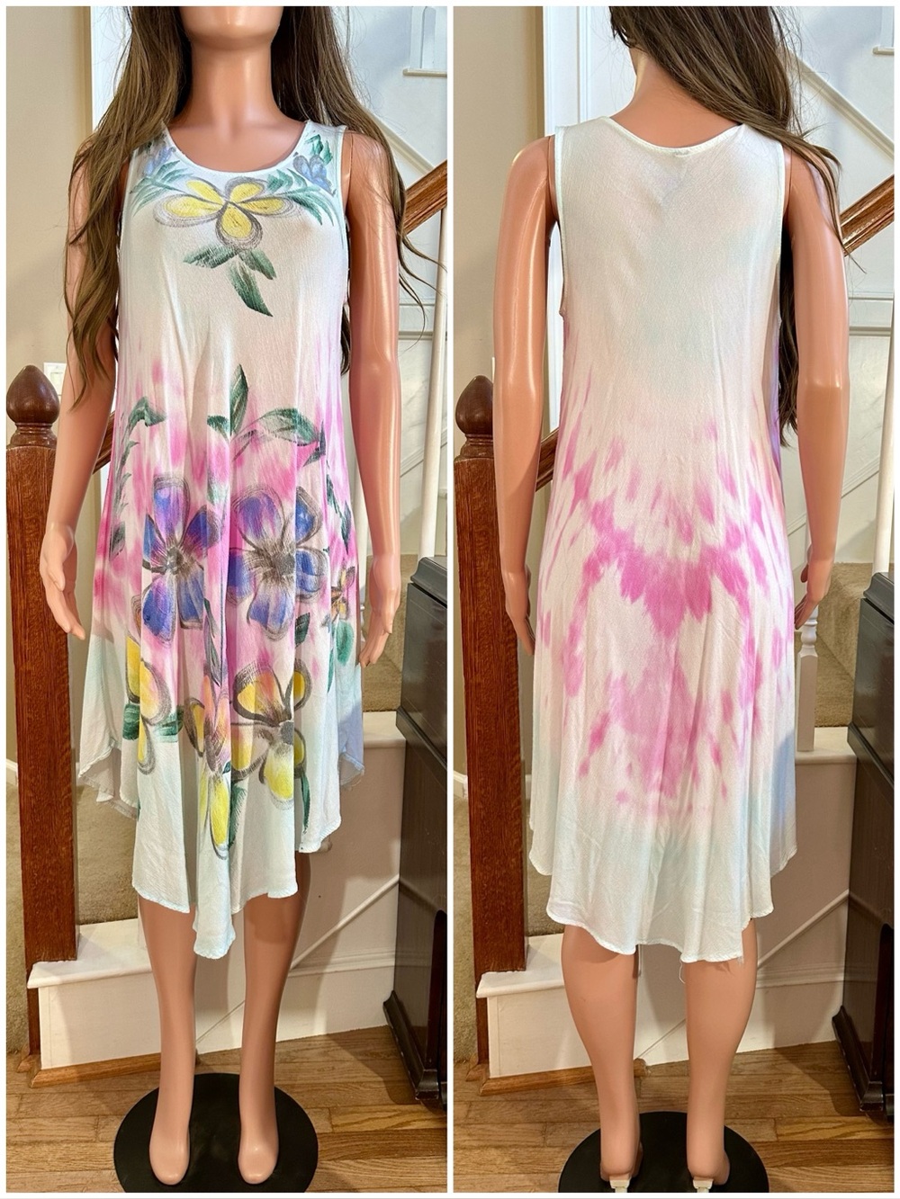Sleeveless Floral Tie-Dye Swing Dress in Pink, Blue & Yellow
